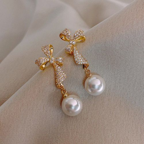 Boucles D'oreilles À N¿Ud Papillon En Strass Pour Femmes, Bijoux Tendance, Pendentif En Perle, Vente En Gros, 2020