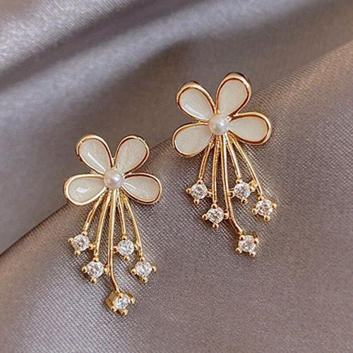 Boucles D'oreilles Géométriques Élégantes, Plante Fleur, Bijoux Pour Femmes, Perle Strass, Or Blanc, Tendance 2020
