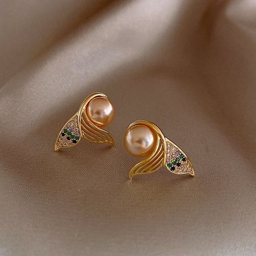 Boucles D'oreilles En Forme De Queue De Sirène Pour Femmes, Petites Et Exquises, Couleur Champagne, Perles, Or, Styliste, Nouvelle Collection, Tendance, Bijoux Animaux, 2020