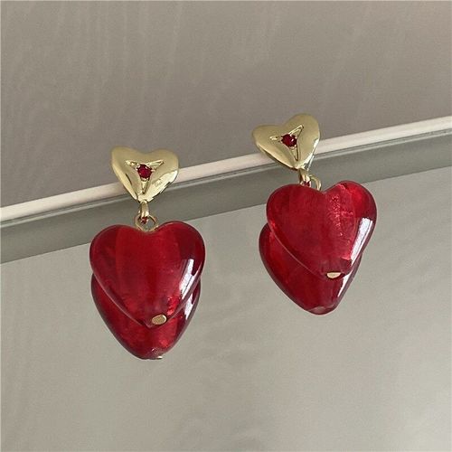 Boucles D'oreilles En Verre Rouge, Pendentif En Forme De C¿Ur, Europe, États-Unis, Personnalité, Mode, Géométrique