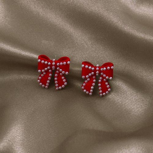 Boucles D'oreilles Avec N¿Ud En Perles De Noël Pour Femmes, Nouvelle Tendance Mode Coréenne, Rouge, Rétro, Petites, Parfumées, Automne Et Hiver, 2020