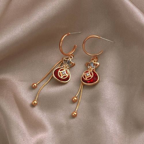 Boucles D'oreilles Longues En Cristal Rouge Pour Femme, Sac Porte-Bonheur, Pompon, Mode, Personnalité