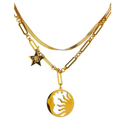 Collier Avec Pendentif Lune Et Étoiles Pour Femme, En Acier Inoxydable 316l, Métal, Chaîne À Texture 18 K, Ras Du Cou, Doré