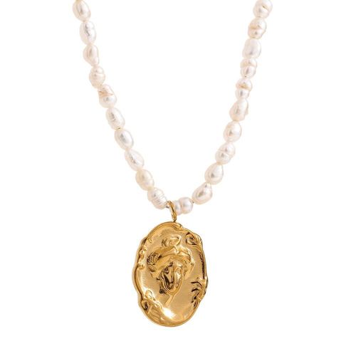 Collier En Acier Inoxydable 2021, Chaîne De Perles Naturelles, Pendentif De Portrait Doré, Accessoires, Cadeau De Fête