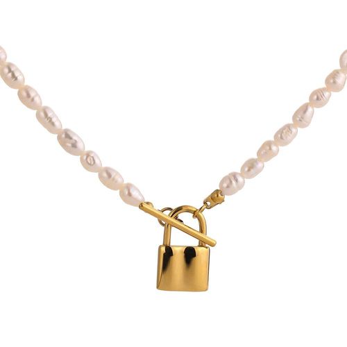 Collier Ras Du Cou En Acier Titane, Élégant, Avec Pendentif En Perles Naturelles, Plaqué 18 K