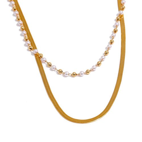 Collier En Acier Inoxydable 2021 Pour Femmes, Chaîne Superposée, Imitation De Perles, À La Mode, Collier En Métal Doré, Cadeau