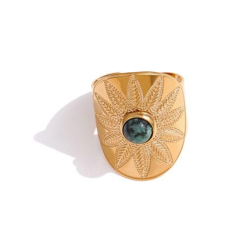 Bague En Acier Inoxydable Pour Femme, Anneau En Forme De Feuilles De Fleurs, Pierre Naturelle Verte, Corde D'ouverture, Accessoires, Cadeau