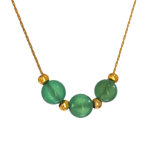 Collier En Acier Inoxydable Pour Femmes, Bijoux En Pierre Naturelle Verte, Pendentif Rond À La Mode