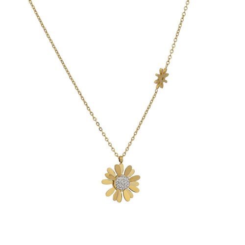 Collier Ras Du Cou En Acier Inoxydable Pour Femmes, Pendentif Fleur Marguerite, À La Mode, Texture En Métal Doré, Strass