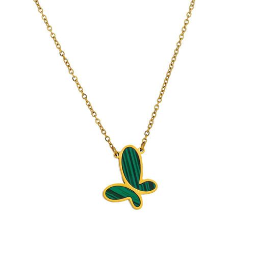 Collier Avec Pendentif Papillon Vert En Acier Inoxydable, Bijou À Breloque En Pierre Malachite, Doré, À La Mode, 316
