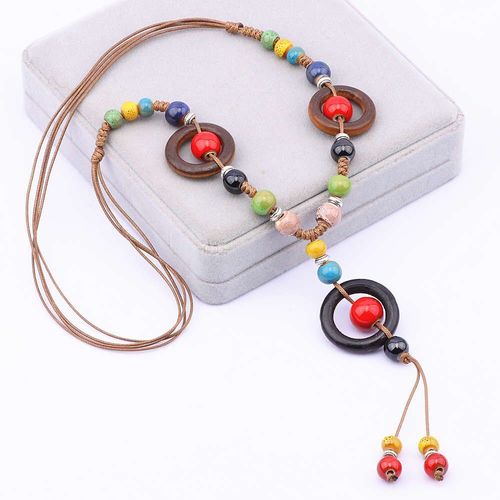 Collier Bohème Vintage Pour Femmes, Bijoux De Style Ethnique, Perles Colorées En Céramique, Chaîne, Déclaration, Long, X1738