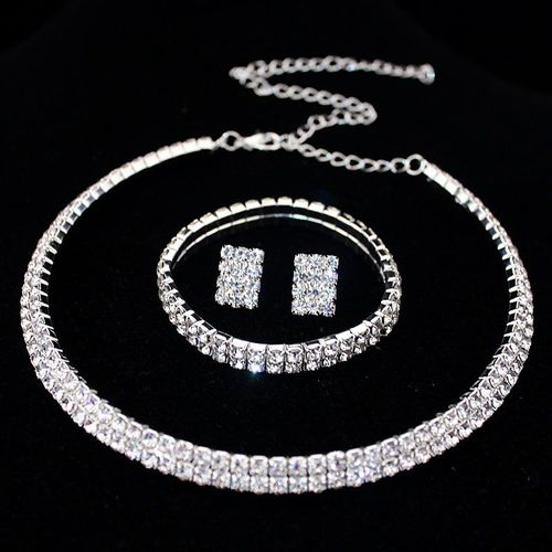 Ensemble De Bijoux De Mariage Pour Femmes, Accessoires De Mariage Classiques, Deux Rangées De Strass, Collier, Boucles D'oreilles, Bracelets, Cadeaux, Nouvelle Collection 2020