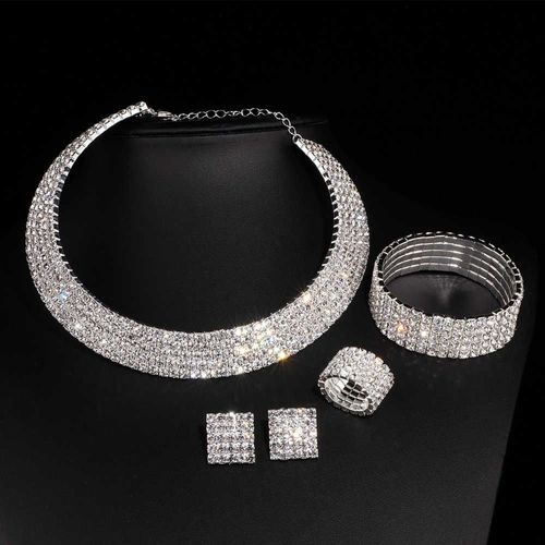 Ensemble De Bijoux De Mariage En Cristal Romantique, Couleur Argent, Collier, Boucles D'oreilles, Bracelets, Bagues Pour Femmes, W001