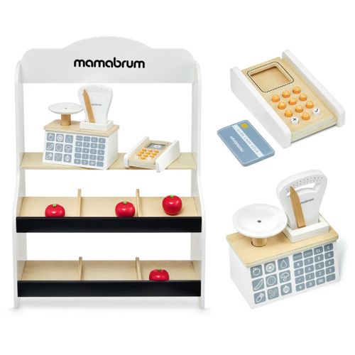 Mamabrum Marchande Enfant En Bois 67 *46,5 *22 Cm - Stand Vendeur Balance, Terminal Avec Carte & 4 Pommes - Couleurs Ecologiques