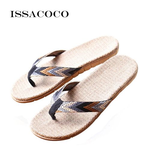 Issacoco-Tongs En Lin Pour Hommes,Sandales À Ruban Rayé,Plates,Coordonnantes,Pantoufles De Maison,Chaussures De Plage En Paille Décontractées