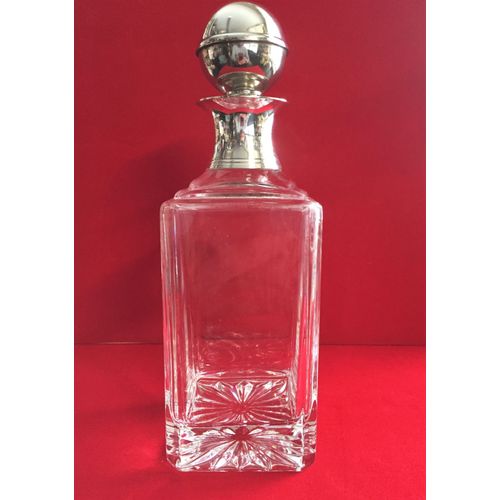 Ancienne Carafe Cristal Col Bouchon Plaque Argent Whisky Bourbon Cognac Porto