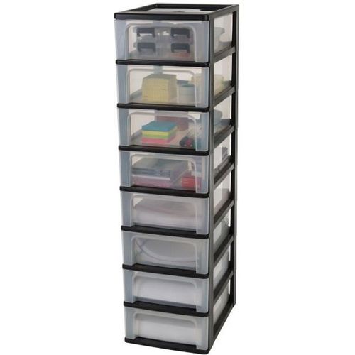 Iris Ohyama Tour De Rangement 8 Tiroirs - Noir Et Transparent - 56 L - 35,5 X 26 X 96 Cm