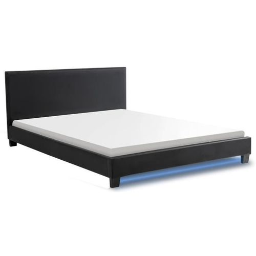 Monaco Lit Adulte Classique Avec Led - Simili Noir - Sommier Et Tete De Lit Inclus - L 140 X L 190 Cm