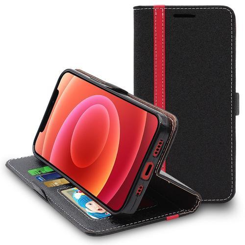 Ebeststar - Coque Pour Iphone 12, 12 Pro Etui Housse Portefeuille Pu Cuir Porte-Cartes, Noir / Rouge [Dimensions Precises Smartphone : 146.7 X 71.5 X 7.4 Mm, Écran 6.1'']