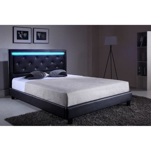 Filip Lit Adulte Contemporain Simili Noir - Sommier Et Tete De Lit Avec Led Inclus - L 160 X L 200 Cm