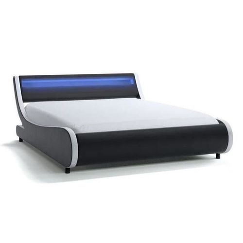 Mercure Lit Adulte Contemporain - Simili Noir Et Blanc - Sommier Et Tete De Lit Avec Led Inclus - L 160 X L 200 Cm
