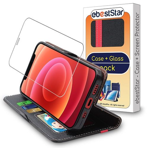 Ebeststar - Coque + Film Verre Pour Iphone 12, 12 Pro Etui Housse Portefeuille Pu Cuir Porte-Cartes, Noir / Rouge [Dimensions Precises Smartphone : 146.7 X 71.5 X 7.4 Mm, Écran 6.1''] [Nb: Lire Description]