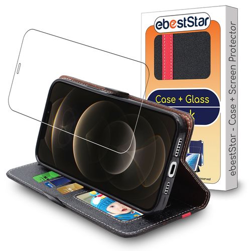 Ebeststar - Coque + Film Verre Pour Iphone 12 Pro Max Etui Housse Portefeuille Pu Cuir Porte-Cartes, Noir / Rouge [Dimensions Precises Smartphone : 160.8 X 78.1 X 7.4 Mm, Écran 6.7''] [Nb: Lire Description]