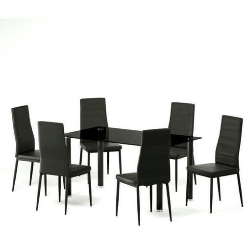 Belair Table A Manger De 4 A 6 Personnes Style Contemporain 6 Chaises En Simili Noir Mat - L 140 X L 80 Cm