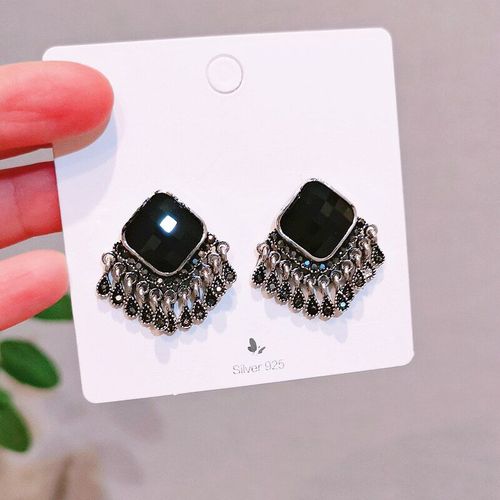 Boucles D'oreilles Géométriques Carrées En Cristal Noir Pour Femmes, Vintage, Design Ethnique, Bohème, Accessoires, Cadeaux