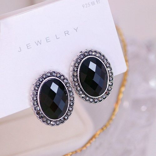 Boucles D'oreilles Ovales Pour Femmes, Style Ethnique Rétro, Couleur Argent, Vintage, Boho, Strass Noir, Cristal, Accessoires Bijoux