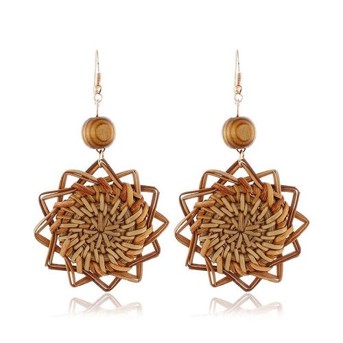 Boucles D'oreilles En Rotin Pour Femmes, Tissage De Paille En Bois, Tricot, Vigne, Fleurs, Creux, Tresse Fait À La Main, Pendentif Géométrique