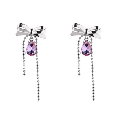 Boucles D'oreilles À N¿Ud Papillon En Cristal Violet Pour Femmes, Longues, En Forme De Goutte D'eau, Avec Des Perles En Métal Et Des Strass Brillants, À La Mode, 2021