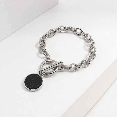 Bracelet Avec Pendentif Rond En Pierre Noire, Couleur Argent, Style Rétro Hip Hop, Chaîne Épaisse, Bijoux De Couple Pour Hommes Et Femmes