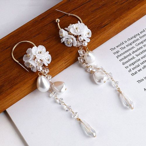 Boucles D'oreilles Longues En Perles De Fleurs Pour Femmes, En Résine Blanche, Élégantes, Pendantes, Bijoux Pour Cadeau De Mariage, Nouvelle Collection