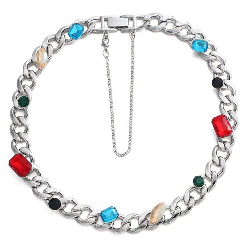 Collier Avec Pendentif En Strass Pour Femme, Chaîne Cubaine, Multicolore, Couleur Argent, Ras Du Cou Épais, Bijoux
