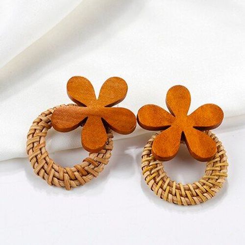 Boucles D'oreilles Vintage En Rotin Pour Femmes, En Forme De Fleur, En Bois, Faites À La Main, Style Bohème, Vente En Gros