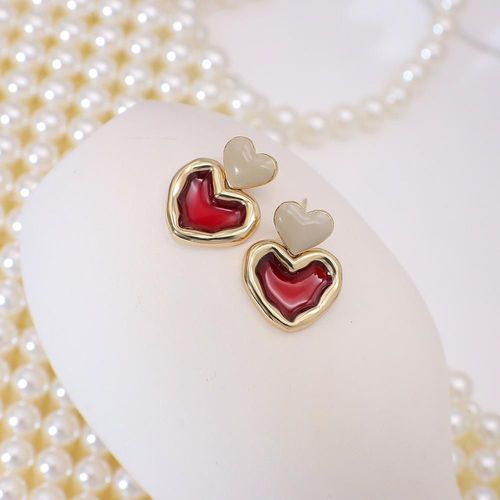 Boucles D'oreilles En Forme De C¿Ur Rouge Pour Femmes, Bijoux Uniques En Résine Métallique, À La Mode, Cadeau De Fête, Nouvelle Collection Coréenne