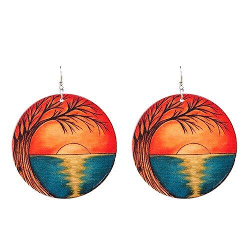 Boucles D'oreilles Peintes En Bois D'afrique Pour Femmes, Style Ethnique, Rond, À La Mode, Bijoux De Fête, Cadeaux, Vente En Gros