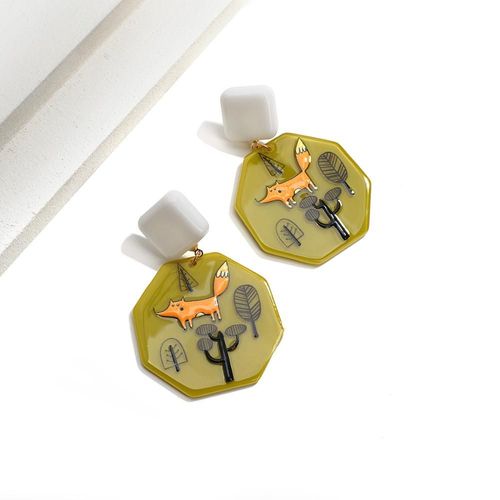 Boucles D'oreilles Pendantes En Acrylique Pour Femmes, Bijoux Géométriques, Vert Foncé, Pendentif Renard, Tendance