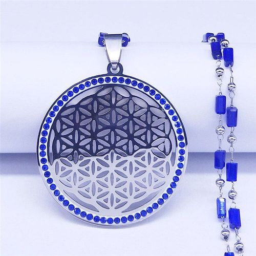 Colliers Ronds En Acier Inoxydable, Cristal Bleu, Fleur De Vie, Couleur Argent, Bijoux Pour Femmes, Nxs01