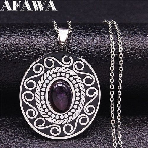 Collier Avec Pendentif Ovale En Acier Inoxydable, Fleur De Bohème, En Cristal Violet Naturel, Pour Femmes/Hommes, Bijoux En Argent, N3610s01, 2021