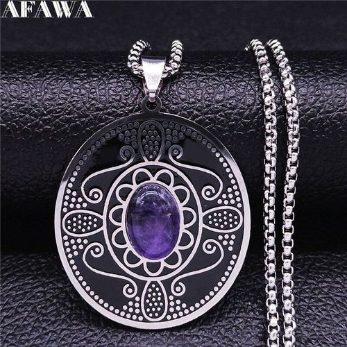 Collier Ovale En Acier Inoxydable Pour Femmes, Fleur, Violet, Cristal, Boho, Noir, Argent, Bijoux, N3611s01