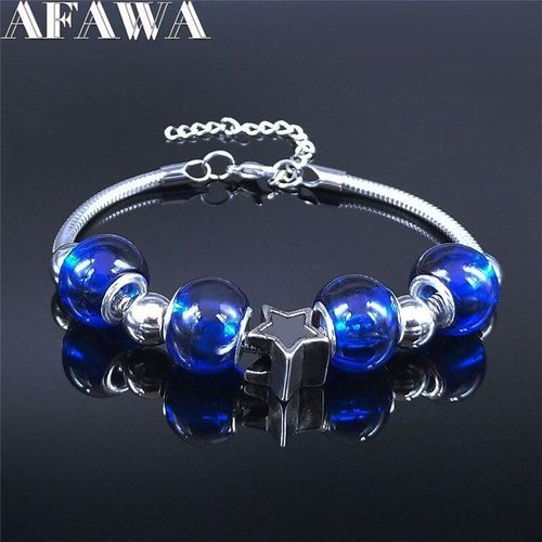Bracelets Pentagramme En Acier Inoxydable Pour Femmes, Chaîne En Verre Bleu, Couleur Argent, Perles, Bijoux, Bxs01