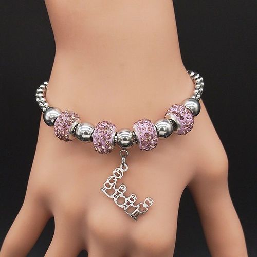 Bracelet De Chaîne En Acier Inoxydable Pour La Famille, Deux Garçons, Cristal Rose, Couleur Argent, Bijoux Pour Femmes