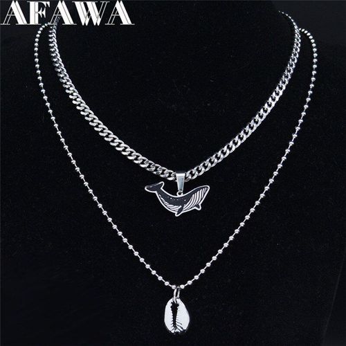 Collier Double Couche En Acier Inoxydable Pour Femmes, Coquille De Baleine, En Émail Noir, Bijoux Colgante Mujer N1985s01