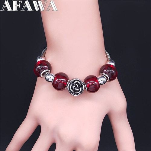 Bracelets À Breloques En Acier Inoxydable, Rose, Perle De Verre Rouge, Couleur Argent, Bijoux Pour Femmes, Bxs01