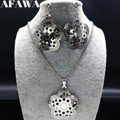 Ensemble De Bijoux En Acier Inoxydable Pour Femmes, Grand Collier Et Boucles D'oreilles, Fleur De Couleur Argent, Bijoux Enfant Fille S178281