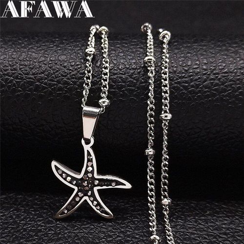 Colliers D'été En Acier Inoxydable Pour Femmes, Étoile De Mer, Cristal Noir, Couleur Argent, Petits Bijoux À Breloques, Chaîne N4879s01