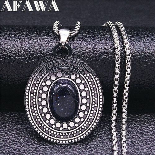 Collier Ovale En Acier Inoxydable, Chaîne En Pierre Naturelle Bleue, Bijoux Boho Sautoir Pour Femmes Et Hommes