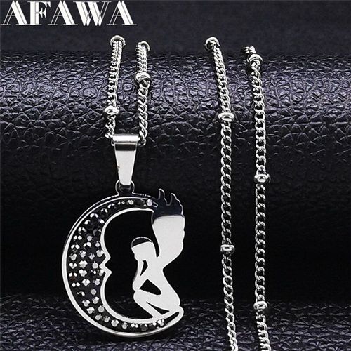 Collier En Acier Inoxydable Avec Ange Lunaire Noir Pour Femmes Et Hommes, Chaîne De Couleur Argent, N4813s01, 2021